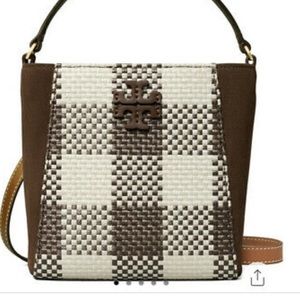 Tory Burch Mcgraw Woven Plaid Straw/ Leather Plaid Bucket SM -Cold Brew NWOT